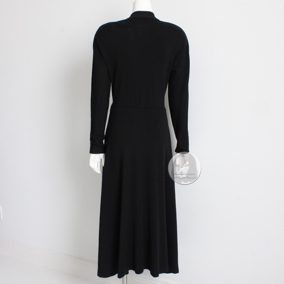 Vintage Black Wool Dress 80s Big Shoulders Cinched Waist Flowing Skirt LBD M/L - Picture 7 of 7
